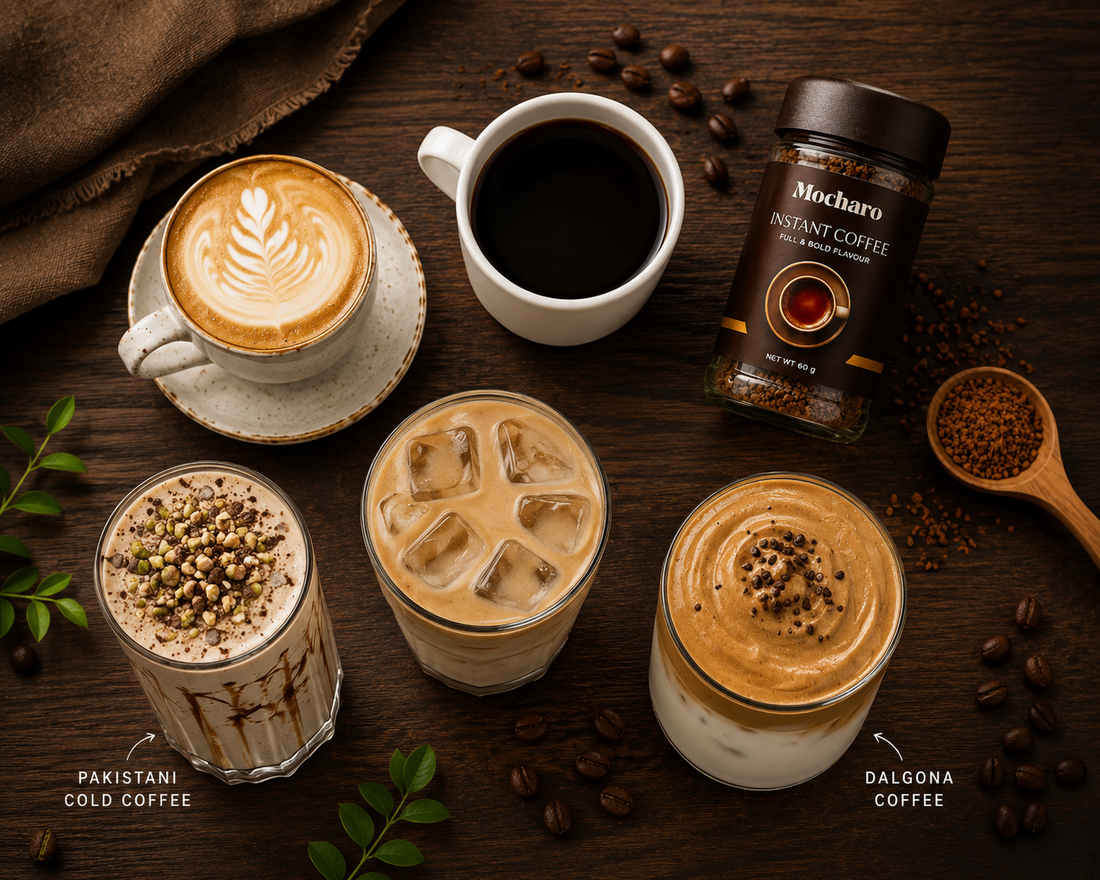 Different types of coffee available in Pakistan — cappuccino, black coffee, iced latte, Pakistani cold coffee, and dalgona made with Mocharo premium instant coffee