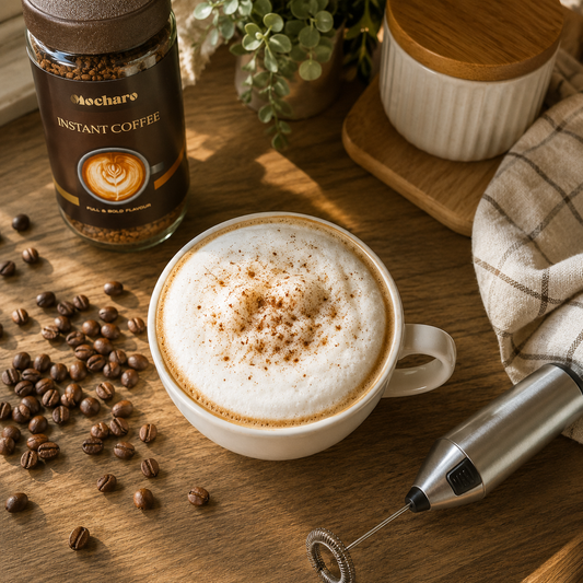 Homemade cappuccino made with instant coffee showing thick milk foam in white cup with frother and coffee jar