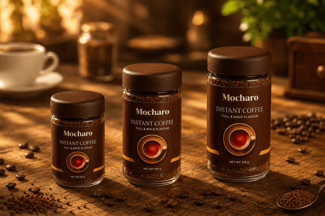 Mocharo Instant Coffee 50gm, 100gm and 125gm jar size comparison on wooden table Pakistan