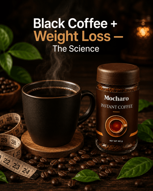 Is instant coffee good for weight loss — Mocharo black coffee and measuring tape Pakistan 2026