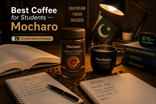 Best coffee for students in Pakistan — Mocharo Instant Coffee on study desk with books and study plan 2026