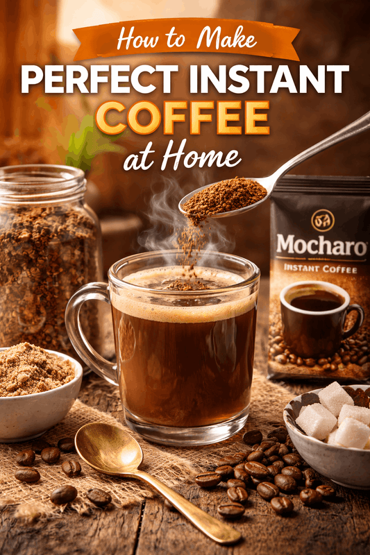 How to make perfect instant coffee at home using Mocharo instant coffee powder with coffee beans, sugar and glass mug on wooden table