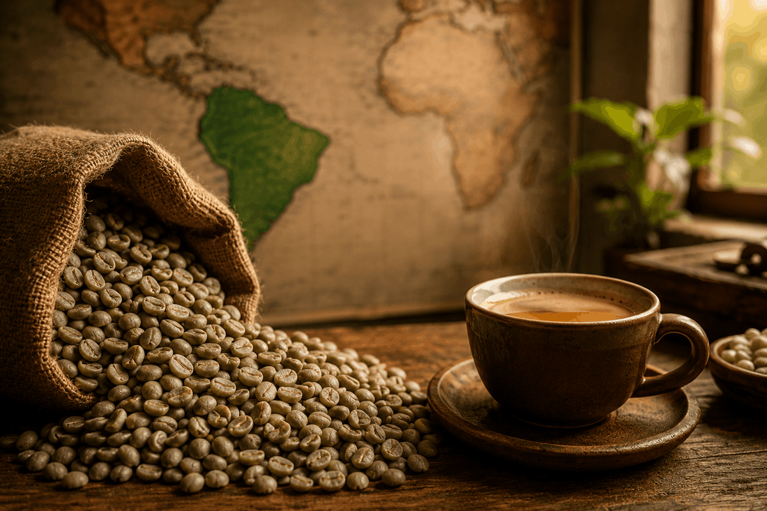 Brazilian Arabica green coffee beans spilling from a burlap sack onto a wooden table next to a steaming cup of brewed coffee, with a world map highlighting Brazil in the background"