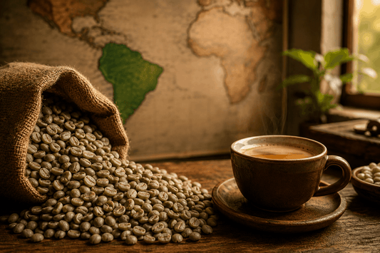 Brazilian Arabica green coffee beans spilling from a burlap sack onto a wooden table next to a steaming cup of brewed coffee, with a world map highlighting Brazil in the background"