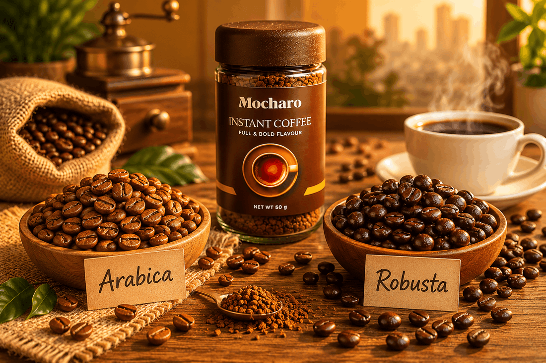 Arabica vs Robusta coffee beans comparison with Mocharo Instant Coffee jar Pakistan guide