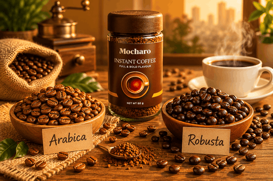 Arabica vs Robusta coffee beans comparison with Mocharo Instant Coffee jar Pakistan guide