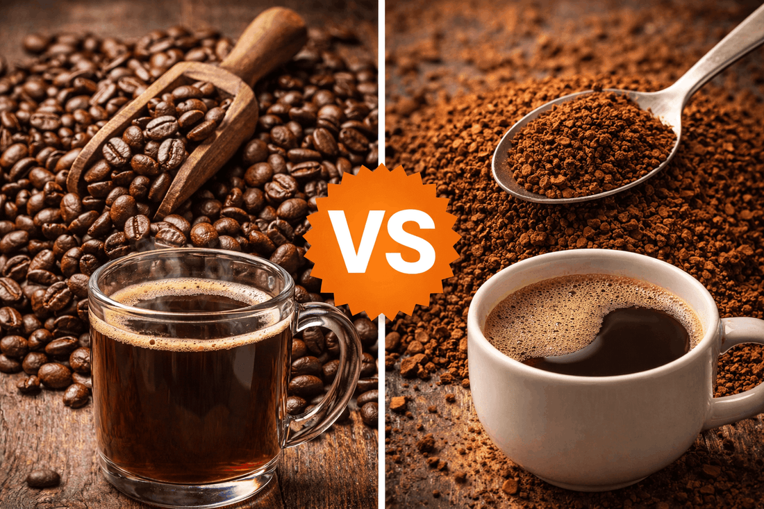 Bean coffee vs instant coffee, whole roasted beans with glass mug versus instant granules with ceramic cup
