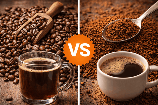 Bean coffee vs instant coffee, whole roasted beans with glass mug versus instant granules with ceramic cup