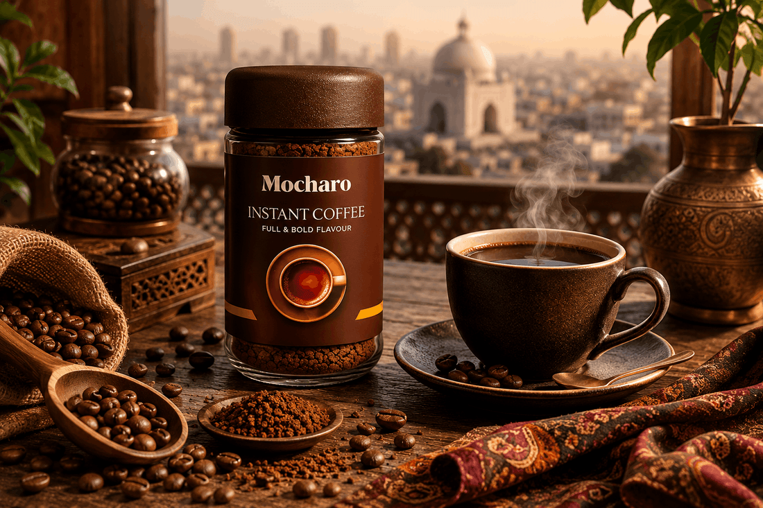 Best coffee in Karachi 2026 — Mocharo Instant Coffee jar with steaming black coffee cup and Pakistani city skyline background