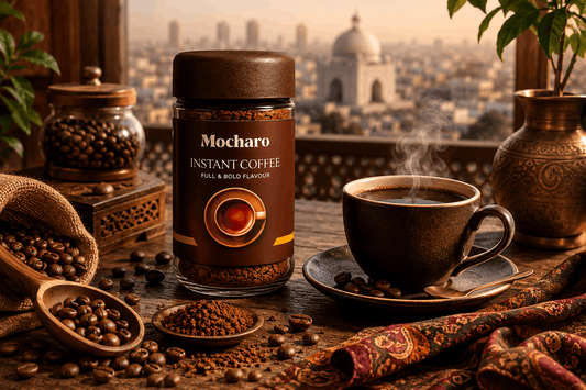 Best coffee in Karachi 2026 — Mocharo Instant Coffee jar with steaming black coffee cup and Pakistani city skyline background