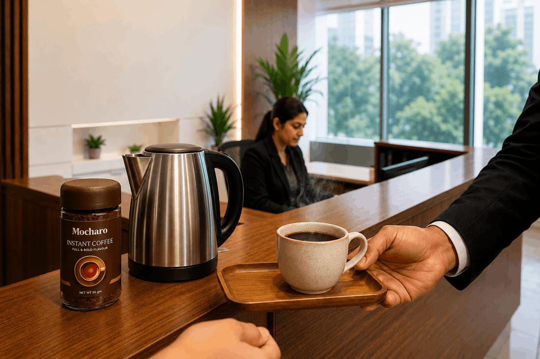 Premium instant coffee jar on a modern Pakistani office reception desk with a steaming coffee cup served to a waiting client
