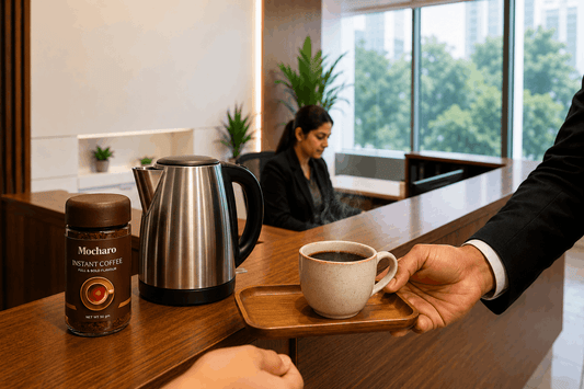 Premium instant coffee jar on a modern Pakistani office reception desk with a steaming coffee cup served to a waiting client