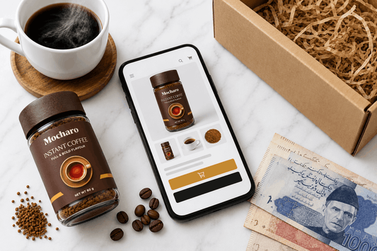 Online shopping for instant coffee in Pakistan with delivery box and steaming cup on marble surface
