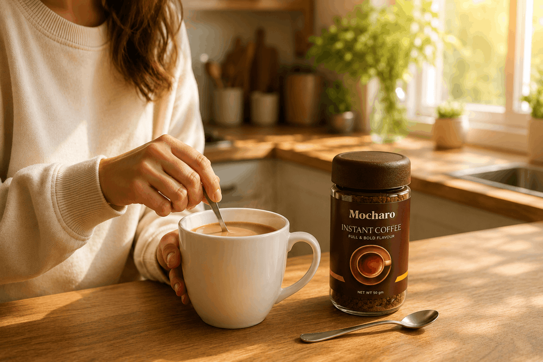 Young Pakistani person making their first cup of instant coffee at home with a glass jar, teaspoon, and mug of milky coffee