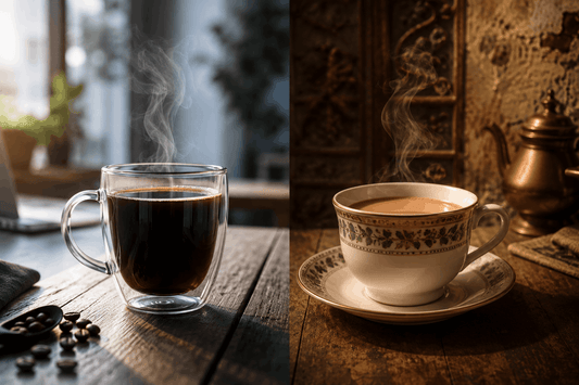 A cup of black coffee and a cup of doodh patti chai side by side on a table symbolizing Pakistan's shift from chai to coffee