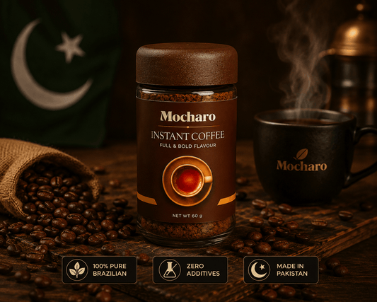 Mocharo Instant Coffee made from 100% pure Brazilian coffee beans with a steaming coffee cup, roasted beans, and Made in Pakistan branding.  SEO Optimized Title