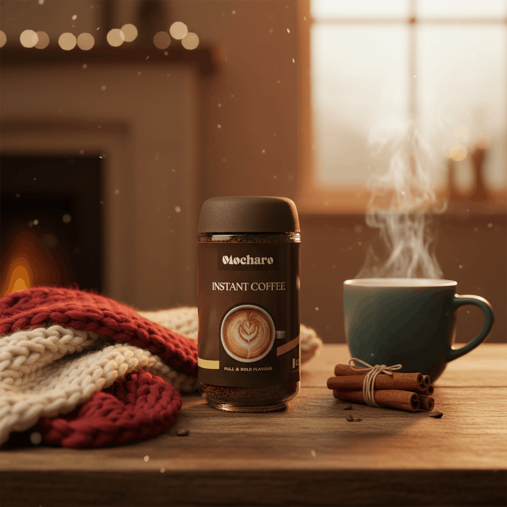 Mocharo Instant Coffee jar with steaming mug, cinnamon sticks and knit blanket by fireplace in cozy winter setting