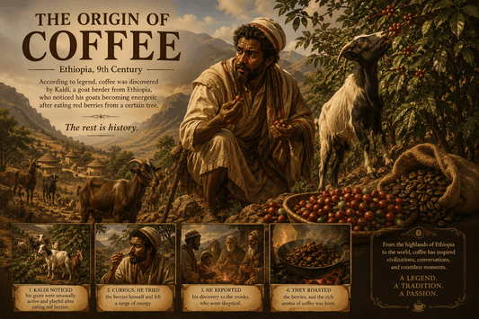 The origin of coffee infographic — Kaldi Ethiopia 9th century story of coffee discovery history Mocharo Pakistan 2026