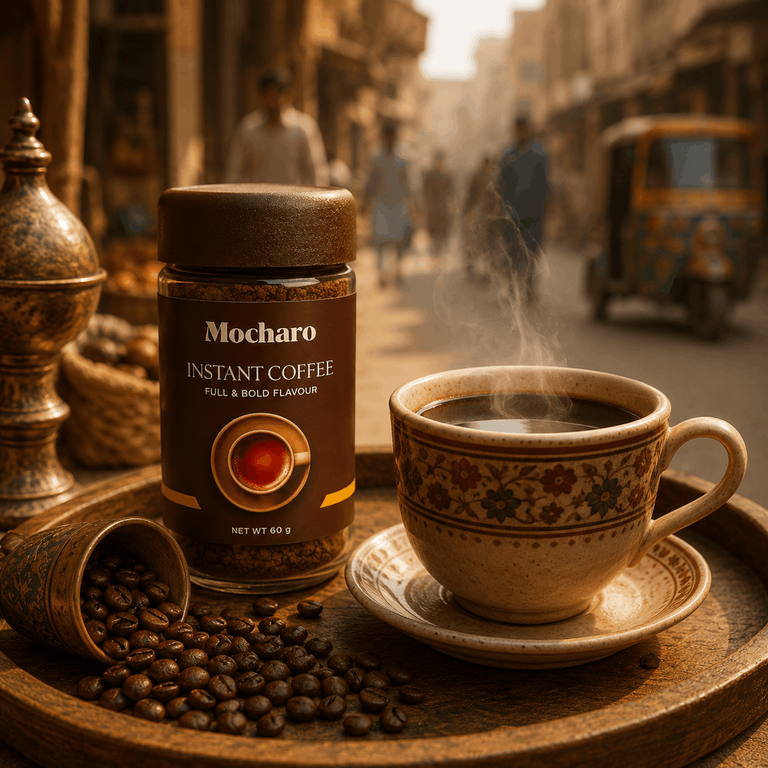 A cup of freshly brewed Pakistani coffee with instant coffee granules and coffee beans on a wooden tray