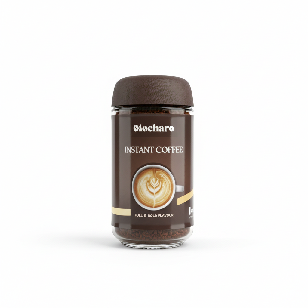 Jar of Mocharo instant coffee on a white background