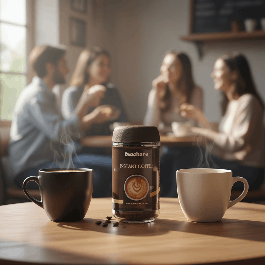 Mocharo Instant Coffee jar between two steaming mugs on cafe table with friends socializing in background