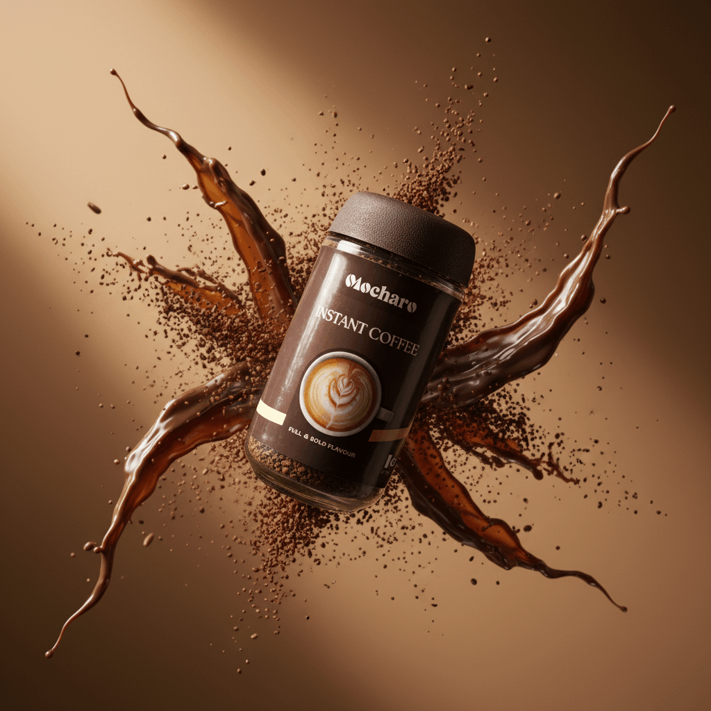 Mocharo Instant Coffee jar with dynamic coffee splash and granules on warm brown background