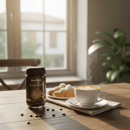 Mocharo Instant Coffee jar beside steaming latte and croissant on wooden table in sunny morning setting